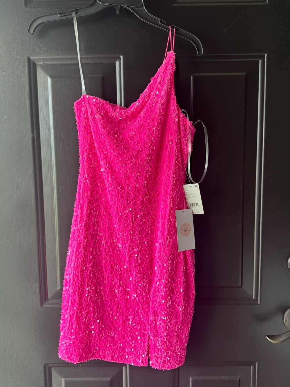NWT Juniors Neon Pink One Shoulder Sequin dress, size S.